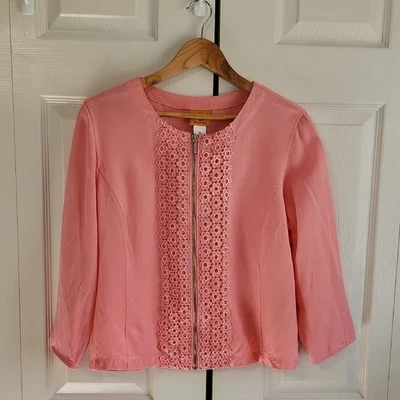 Ruby Rd. Women's Soft Pink Lace Accent Full Zip Blazer Size 12 Linen 3/4 Sleeves - Image 1 of 4
