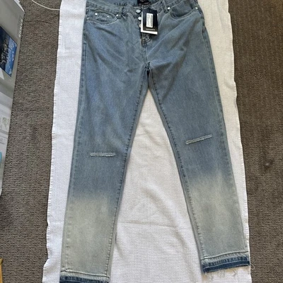 BoohooMAN Skinny Fit Bleach Jeans W/ Repaired Knees Vintage Wash 34R - Image 1 of 4