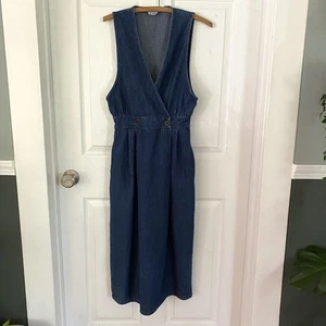 Vintage James River Trading 90s Denim Jumper Dress with Wrap Bodice Women’s 8p - Picture 1 of 17