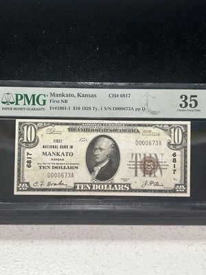 SASA 1929 Mankato Kansas $10 First National Bank Pmg Vf35 - Image 1 of 2