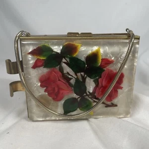 Vtg rectangular Reversed Craved Lucite compact purse, brass - Picture 1 of 13