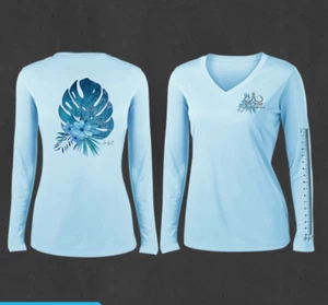 Ladies ICE BLUE V-Neck Tropical Flowers Performance Fishing Shirts - Picture 1 of 3