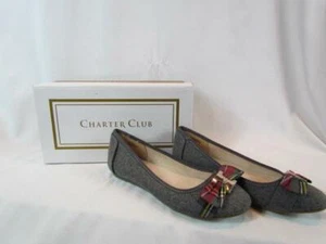 NIB Charter Club Gray Mary Jane Flat Slipper Wool Texture W/ Plaid Bow 5 M - Picture 1 of 10