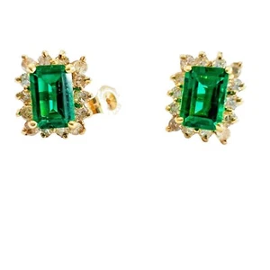 14K Yellow Gold Synthetic Emerald & Diamond Halo Stud Earrings JG120 - Picture 1 of 5