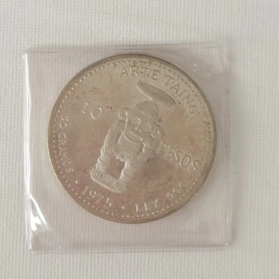 Moneda de plata 10 pesos 30 gramos arte taína 1975 República Dominicana Foto 1 de 2