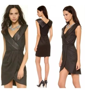 Alice + olivia Shayna Leather Trim Shawl Collar Faux Wrap Black Dress SIZE 0 - Picture 1 of 15