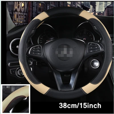 38cm Auto Car Steering Wheel Cover Black/Beige PU Leather Car Accessory Non-slip - Image 1 of 4