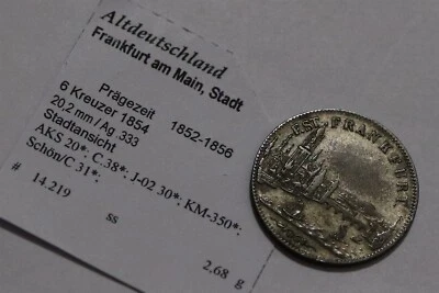 🧭 🇩🇪 GERMANY FRANKFURT 6 KREUZER 1854 SILVER CITY VIEW SCARCE B79 #Z9495 - Image 1 of 2