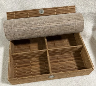 Woven Bamboo Wooden Jewelry Box With Dividers - 4 Compartments - Image 1 of 4