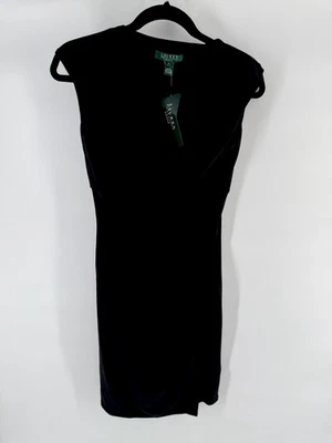 LAUREN Ralph Lauren Talla 2 Negro Capucha Cuello Jersey Vaina Vestido Fruncido Cóctel Foto 1 de 4