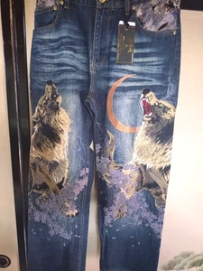 Karakuri Tamashii Iki Wolf Stickerei Denim Hose 32 Zoll M Neu Japan Me - Bild 1 von 4
