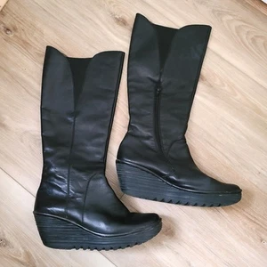 Fly London Yind Tall Boots Womens US 9 EU 40 Black Leather Wedge Zip Elastic - Picture 1 of 12