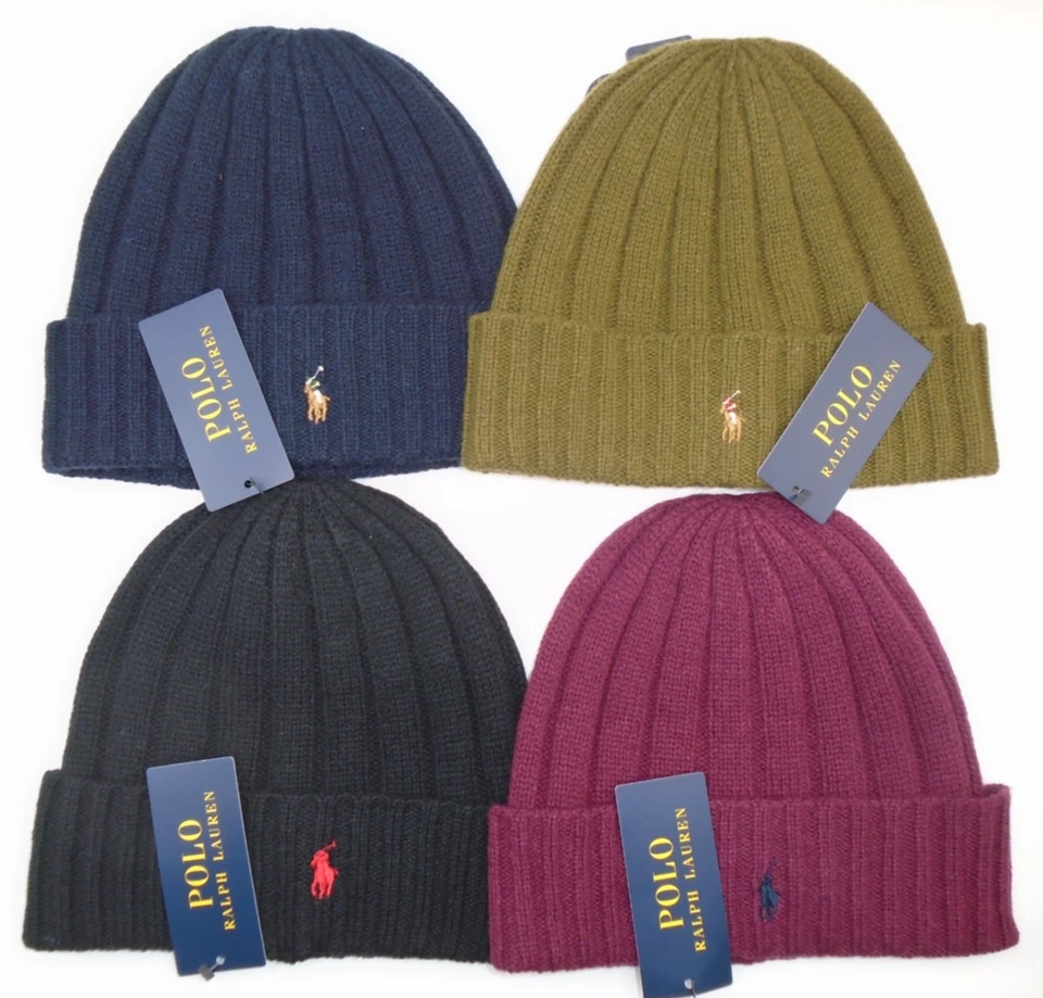 NEW MENS "POLO RALPH LAUREN RIBBED CUFFED PONY BEANIE HAT WOOL BLEND WINTER CAP" - Image 1 of 1