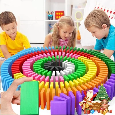 1400Pcs Coloured Wooden Tumbling Dominoes Set Family Play Games Kids Toy Gift - Image 1 of 4