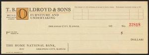 Vintage bank check T B OLDROYD Furniture Undertaking 1920s Arkansas City Kansas - Picture 1 of 2