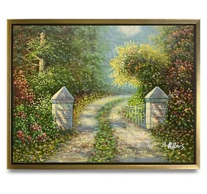 NY Art-Original Oil Painting of Garden Trail on Canvas 12x16 Framed - Picture 1 of 6