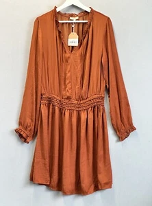 Kori America Women’s Size Large Long Sleeve Smocked Waist Orange Silky Dress - Picture 1 of 7