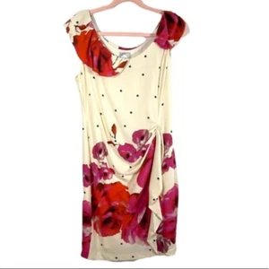 Yoana Baraschi Silk Sheath Dress Rose Print Polka Dot Sz 10 Cottagecore Unique - Picture 1 of 12