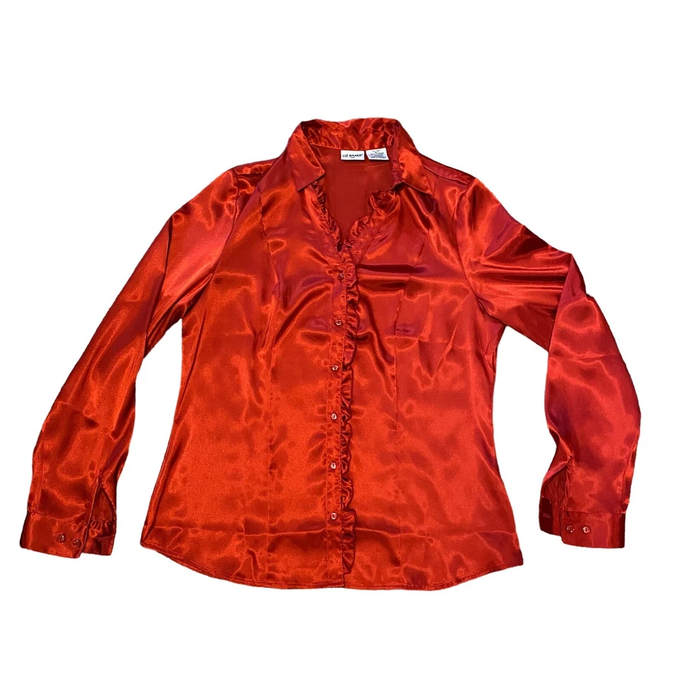 Liz Baker 女式衬衫 16 码红色缎面纽扣荷叶边圣诞盛装 — 第 1/4 张图片