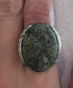 Rhodium, Green Marble Real Turquoise, Large Beautiful Unique Vintage  Ring. - Picture 1 of 4