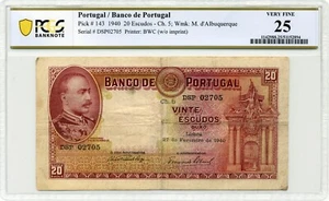 1940 20 Escudos Banco de Portugal, Watermark: M. d'Alburquerque - PCGS VF 25 - Picture 1 of 2