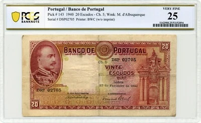1940 20 Escudos Banco de Portugal, Watermark: M. d'Alburquerque - PCGS VF 25 - Image 1 of 2