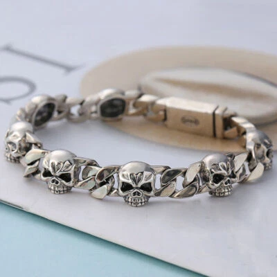 Chain Bracelet Miami Cuban Curb Link Men Real Solid 925 Sterling Silver Skulls - Image 1 of 4