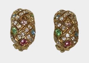 Joan Rivers Gold Tone Pastel Rhinestone Clip On Earrings Vtg Chunky Statement - Picture 1 of 14