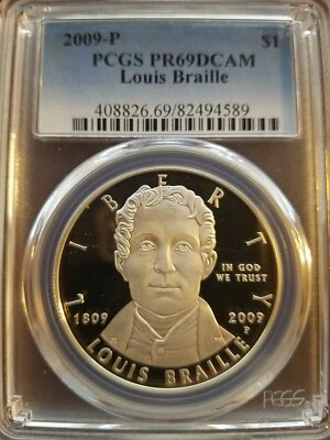 2009-P $1 LOUIS BRAILLE COMMEMORATIVE SILVER DOLLAR PCGS PR69DCAM  - Image 1 of 2