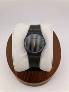 Vtg 80s Swatch Ladies 25mm Watch Black Tone Tuxedo Stripe Dial Swiss - RUNS - Picture 1 of 19