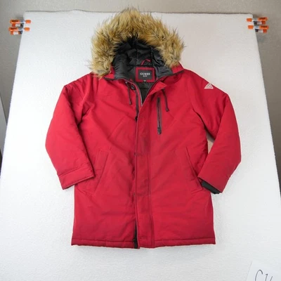 Guess Parka DISTRESSED Jacket Mens Medium Red Hooded Faux Fur Insulated Parka - Image 1 of 4