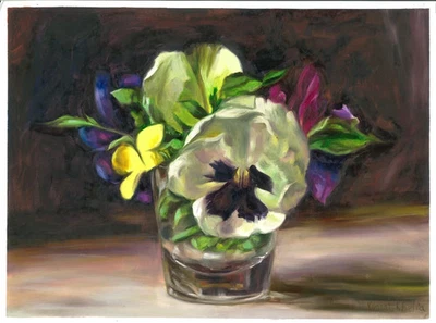 pensées en fleur dans verre , tableau original 30 x 40 cm oeuvre peinture huile - Photo 1/4