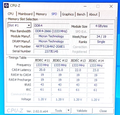 MTA4ATF51264AZ-2G6E1  Micron 4GB DDR4 1Rx16 PC4 - 2666V - UC0 - 11  1.2 V Memory - Image 1 of 4