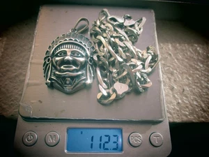 MENS STERLING SILVER FIGARO CHAIN LINK NECKLACE + INDIAN CHIEF PENDANT 112 GRAMS - Picture 1 of 13