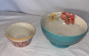 2 Pioneer Woman Bowls Ramekin & 6” Footed “Flea Market” Bowl EUC - Picture 1 of 11
