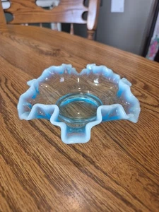 Fenton Blue Opalescent Aqua Crested Ruffled Glass Bowl Candy Dish 🍬  - Picture 1 of 14