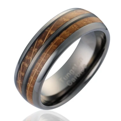 Anillo de boda gris metalizado de tungsteno con incrustaciones de grano de madera para hombre talla 6-16 Foto 1 de 4