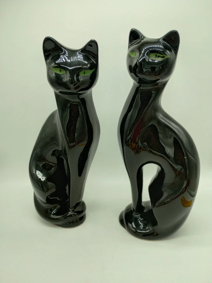 Época vintage feita no Brasil? Gatos siameses pretos de cerâmica elegantes MCM 12,5" de altura  - Imagem 1 de 4