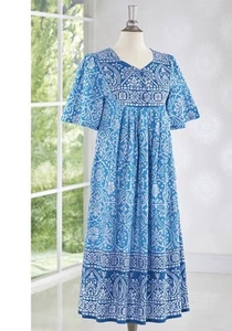 Expressions Catalog Boho House Dress Large MuuMuu Cotton Batik Print Midi Blue - Picture 1 of 6