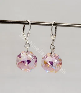 M/W Sterling Silver Swarovski Crystal Rosaline AB Octagon Earrings; Leverback - Picture 1 of 2