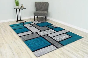 Premium Carved Modern Contemporary Abstract Rug 3995 Turquoise Grey 5'3''x7'6'' - Picture 1 of 9
