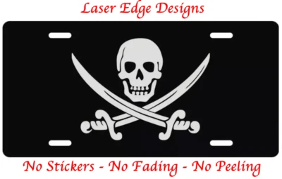 Calico Jack Skull & Swords Black Auto License Plate Pirate Car Truck Tag Laser - Image 1 of 3