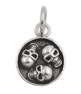 Oxidized Medallion Three Skull Pendant .925 Sterling Silver Round Circle Charm - Picture 1 of 2