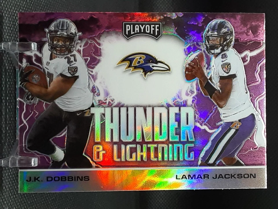 JK DOBBINS / LAMAR JACKSON 2020 PLAYOFF THUNDER & LIGHTNING PINK PRIZM RAVENS G1 - Image 1 of 1