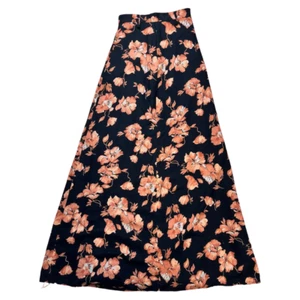 Vintage 70's Floreale Gonna 8 Boho Hippy Cottage Stampa C&A Floreale Nero Pesca - Picture 1 of 4