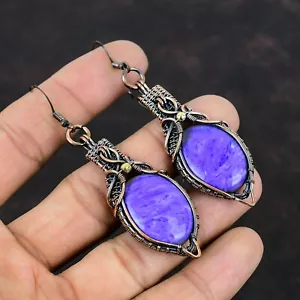 Charoite Jewelry Copper Gift For Mother Wire Wrapped Drop/Dangle Earrings 3.19" - Picture 1 of 6