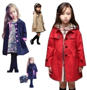 Clearance! Girls Trench Coat Jacket Hooded Plaid Red Khaki Navy Pink Polka Dots - Picture 1 of 13