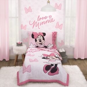 Disney Junior Minnie Mouse 4-Piece Toddler Bed Set Pink White Bows NIB NWT