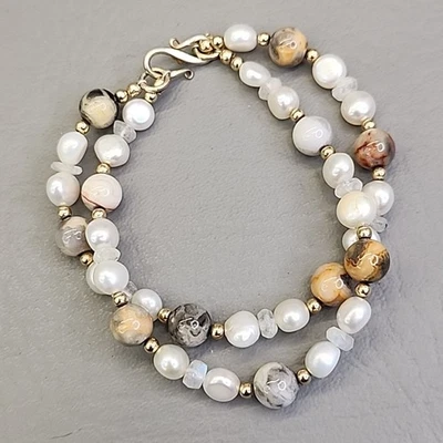 Pulsera de perlas vintage con cuentas piedra redonda blanca en capas 7,5" Foto 1 de 4