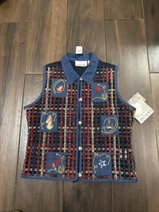 VTG CASEY AND MAX Denim Blue Plaid Basket Weave Vest Western Theme Small - Picture 1 of 10